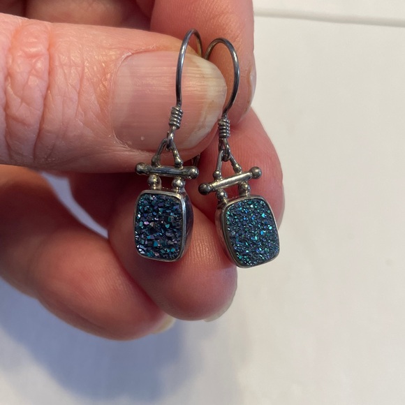 Sajen Blue Teal 925 Druzy Drop Earrings - Picture 4 of 4
